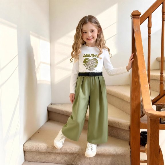 Girls 2 Piece Casual Outfits Print Long Sleeve T-Shirt & Elastic Waist Wide Leg Pants with Belt Streetwear Clothes for Kids Dark Green Size 7-8 Years