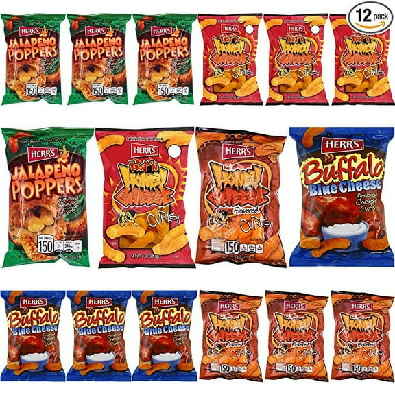 HERR'S Blue Cheese, Honey, Jalapeno Poppers, Hot 'N Honey Flavored Cheese Curls - Variety Pack, Gluten-Free, 1oz Bag (Pack of 24, Total of 24 Oz)