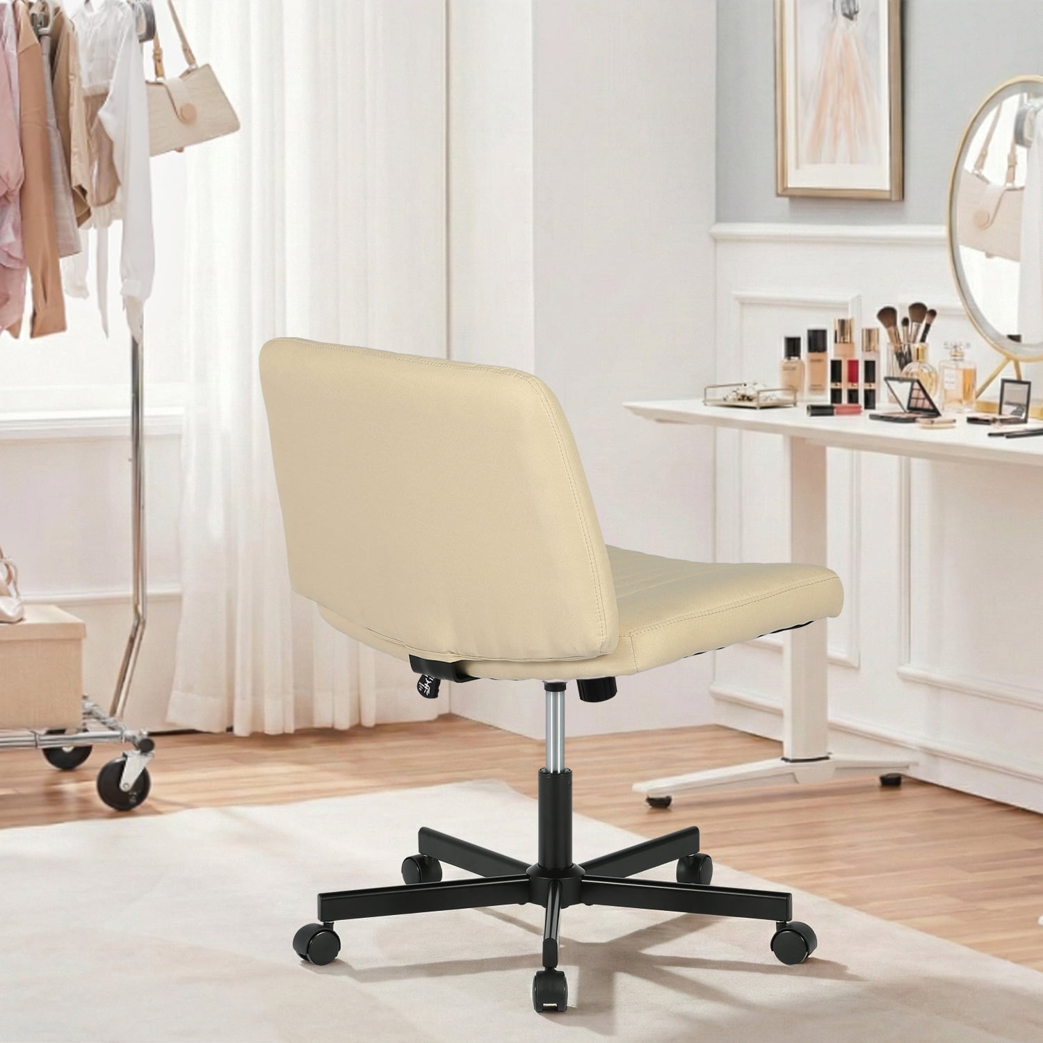 NiamVelo Vanity Chair with Wheels Criss Cross Chair Wide Desk Chair Armless Office Chair Adjustable Swivel Chair for Home Office, 250LBS Weight （Beige）