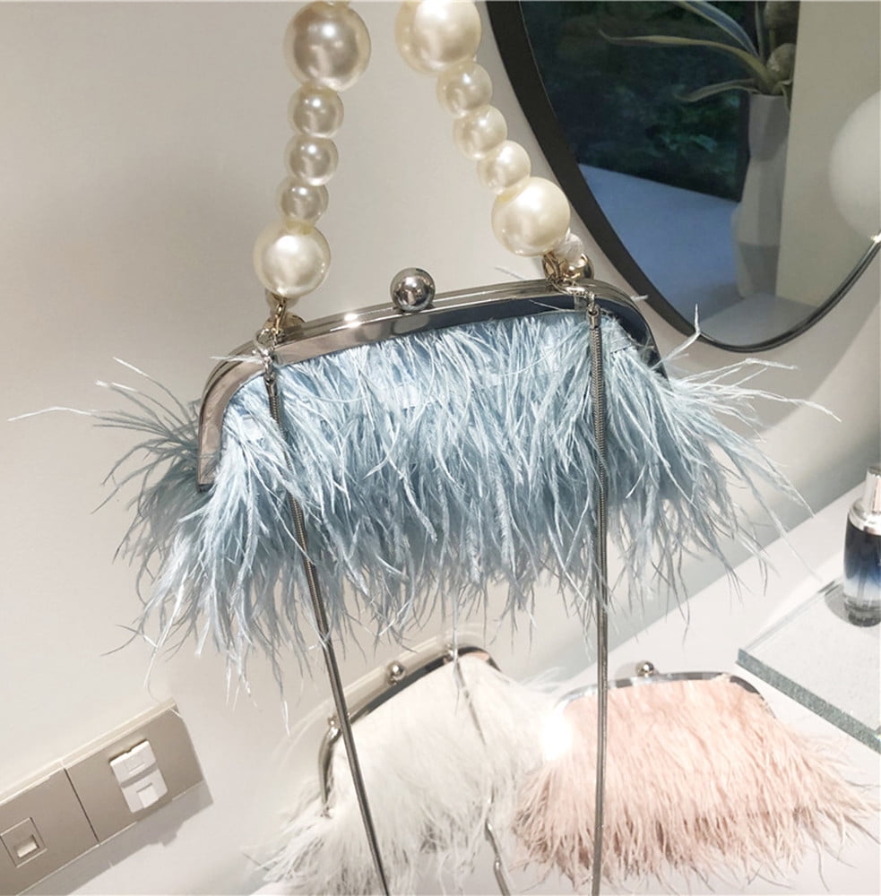 Vintage Fluffy Ostrich Feather Evening bags and Clutches for Women Pearl Chain Tote bags Bridal Purses Wedding Party Blue