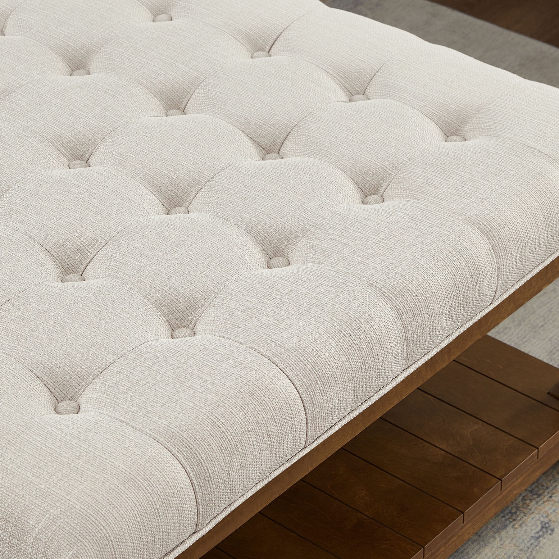 S-HOME Large Square Upholstered Tufted Linen Ottoman, Spacious Coffee Table with Solid Wood Shelf