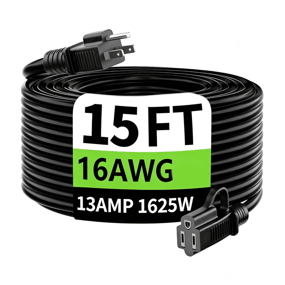 GJX Indoor Outdoor Black Extension Cord 15 Ft Waterproof 16/3 Gauge 16 Awg 15 Foot 3 Prong Extension Cord Black Hook Appliance Extension Cord Waterproof 13A 1625W Sjtw Etl Listed