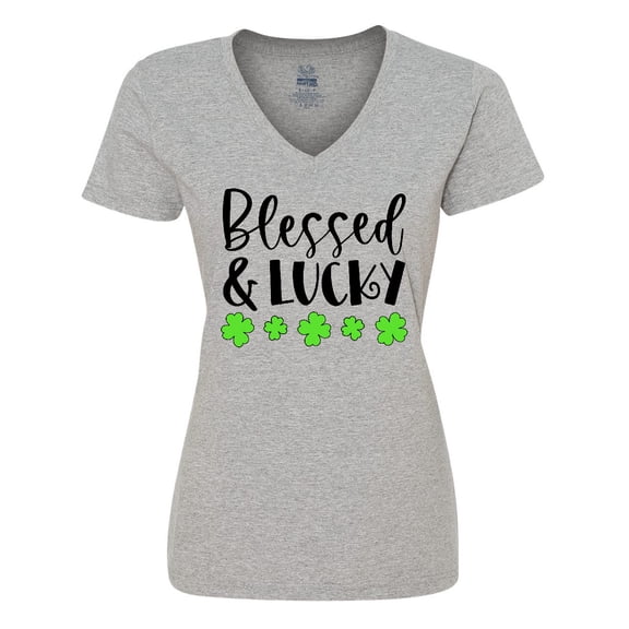 Inktastic Blessed and Lucky 4 Leaf Clovers St. Patrick's Day Women's V-Neck T-Shirt