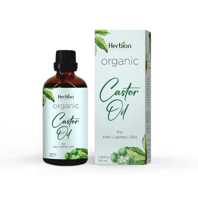 herbion naturals aceite de ricino orgánico (3,3 oz) botella de vidrio con gotero; vista frontal centrada de botella ámbar con etiqueta blanca y caja lateral decorada con hojas verdes, tapa con gotero negro, color clara según ficha, indicado como tratamiento capilar y para pestañas y cejas; a menudo usado también para masajes de cuero cabelludo.