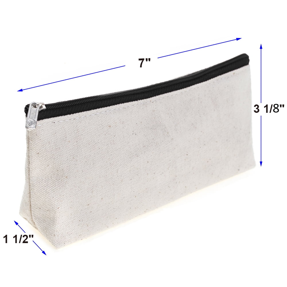 Aspire 60-Pack 12oz Canvas Pencil Zipper Bags, 7" by 3 1/8" with 1 1/2" Bottom - Natural with Black Zipper