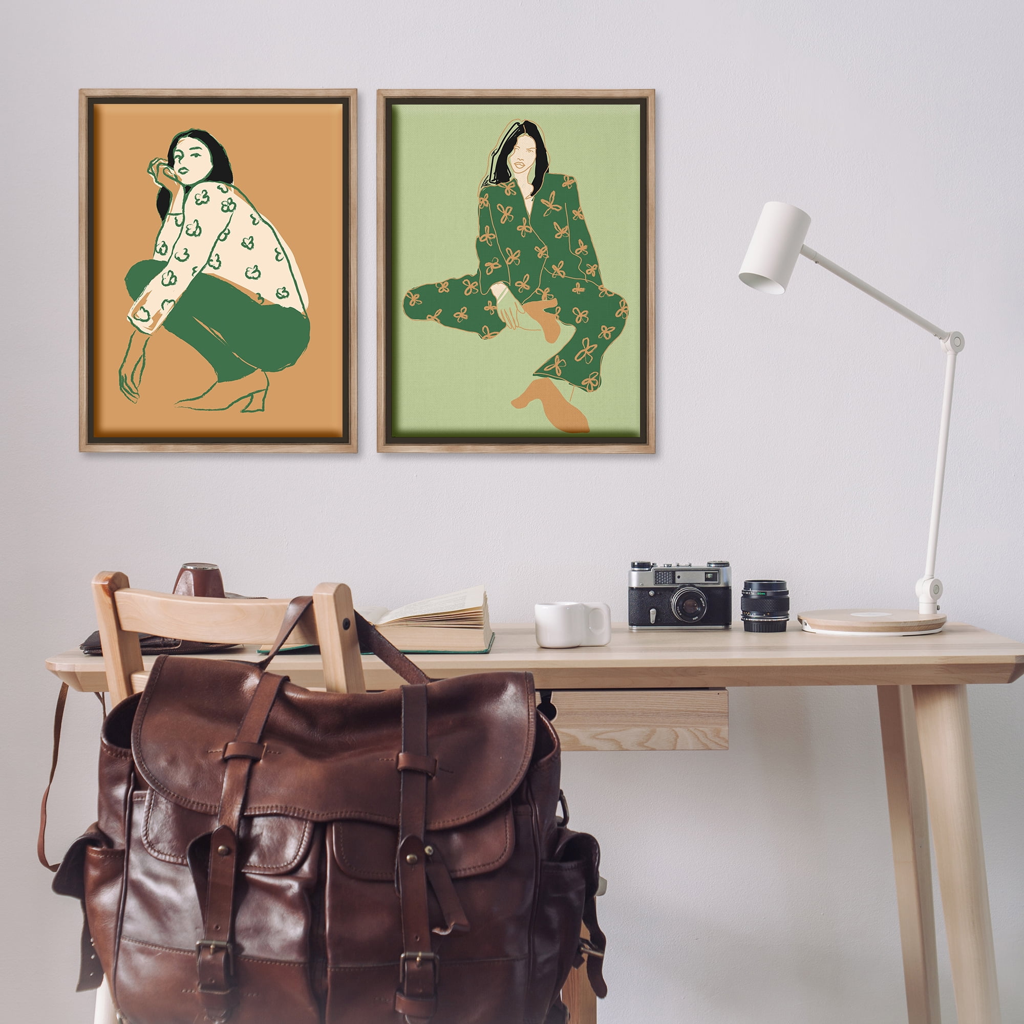 Stupell Industries Woman Stooping Sitting Pose People Painting Brown Floater Framed Canvas Art Print Wall Art, 21 x 31, Set of 2