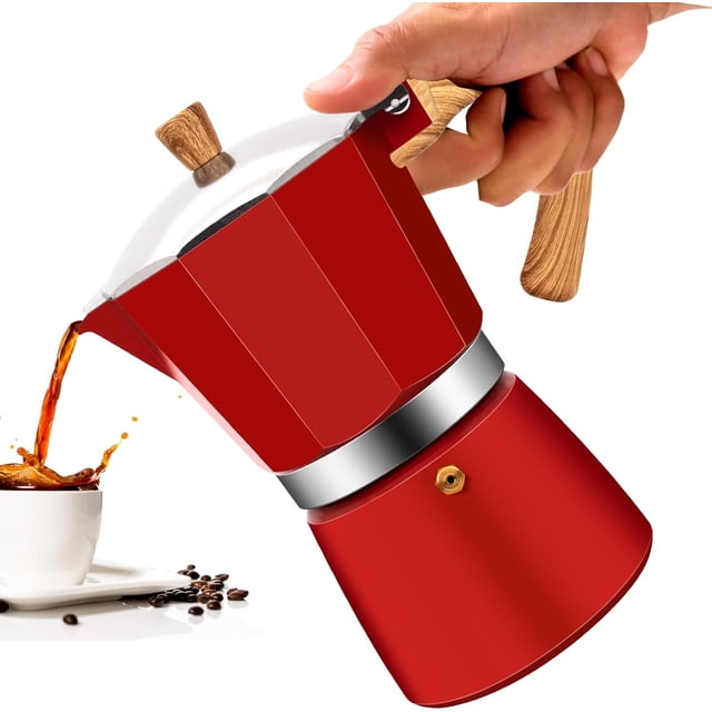 Cafetera de Espresso 12 Taza Aluminio Moka Pot Clásica para Estufa 600ml 20oz Percoladora Mocha Café Greca Preparación Italiano y Cubano Red Cup