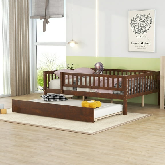 CoSoTower Full Size Wood Daybed with Trundle and Fence Guardrails, Walnut