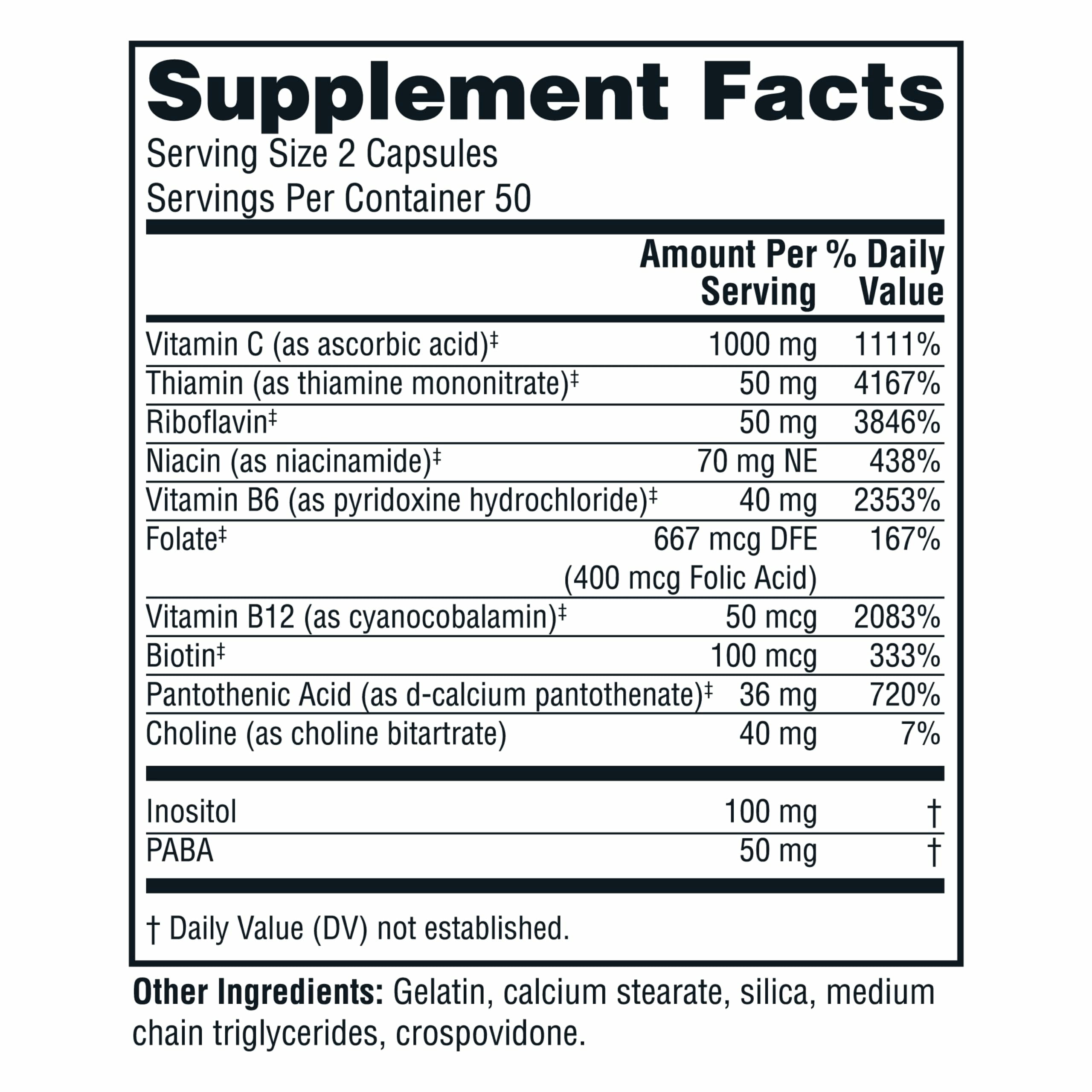 Twinlab Stress B-Complex Caps - High Potency Vitamin B Complex Capsules with Vitamin C 1000mg - Long-Lasting Energy B Vitamins Complex for Immune Support, and More - 100 Capsules (Pack of 2)