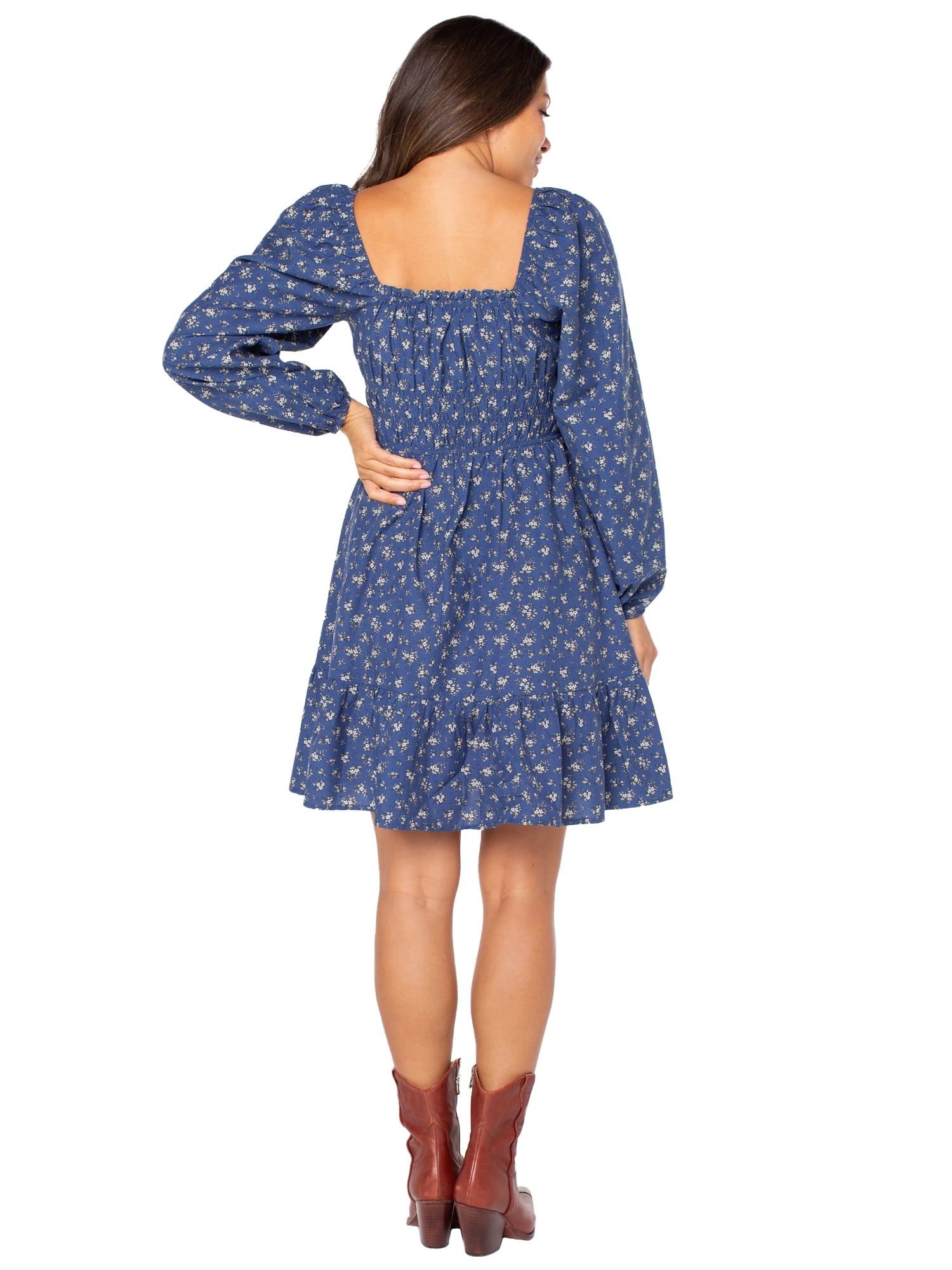 Celebrity Pink Women’s and Women’s Plus Floral Print Babydoll Dress with Long Sleeves, Sizes XS-4X