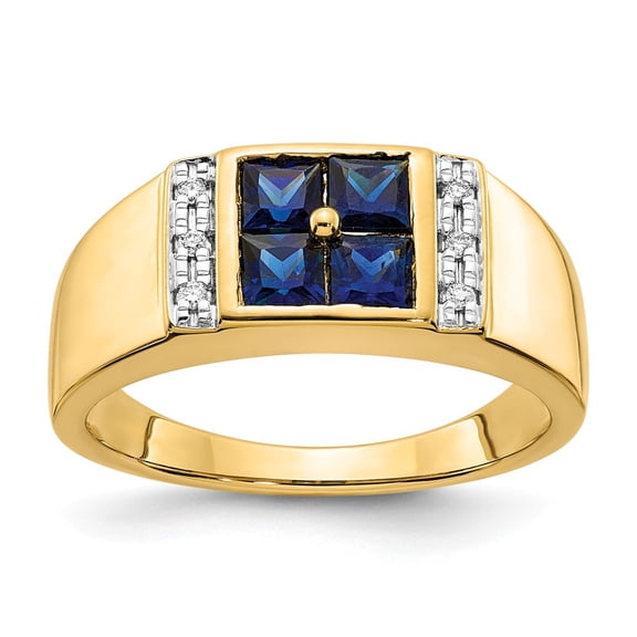14K Yellow Gold Ring Band Men's Sapphire Lab Created Square Blue Diamond Round