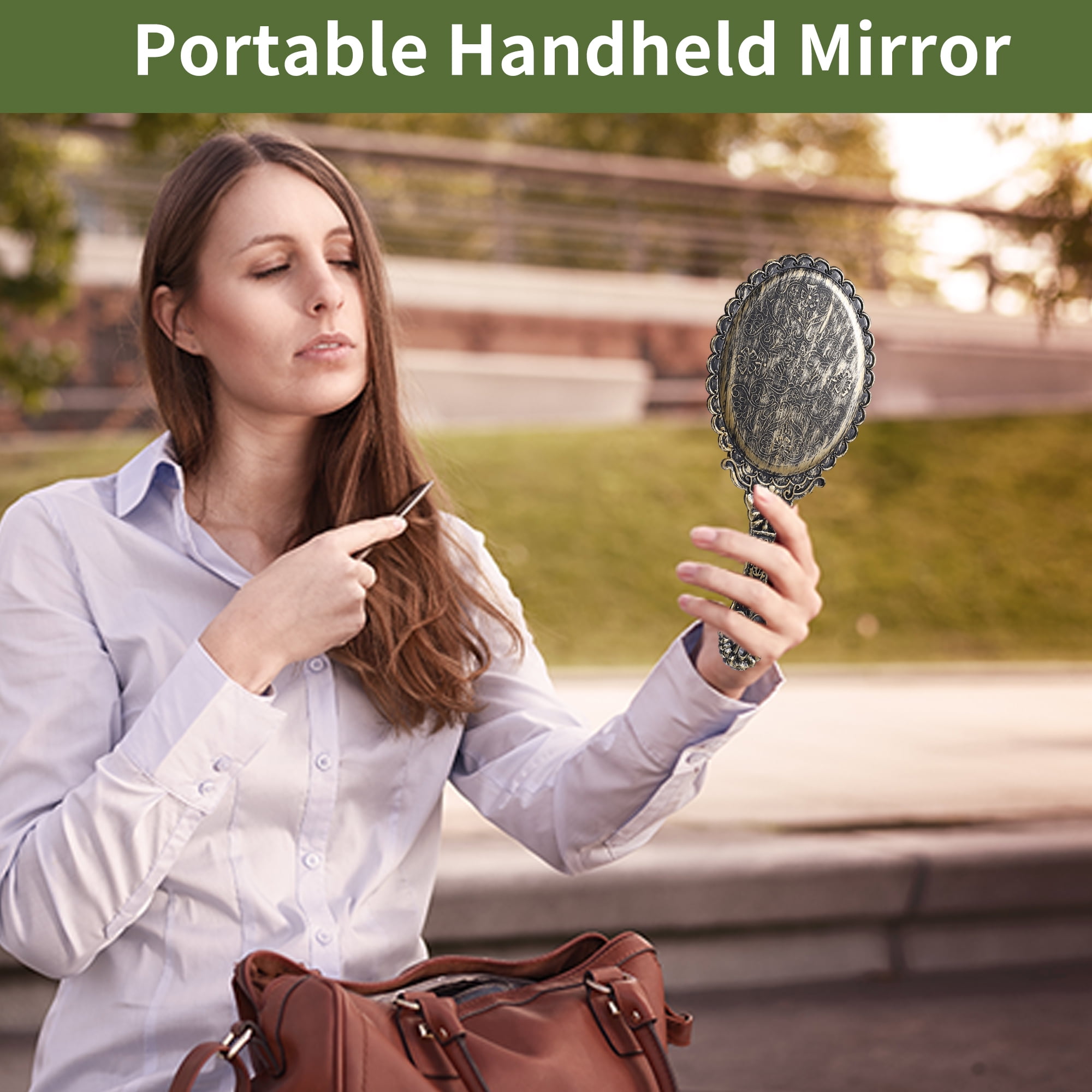 Unique Bargains Hand Mirror Embossed Vintage 1Pc Bronze Tone