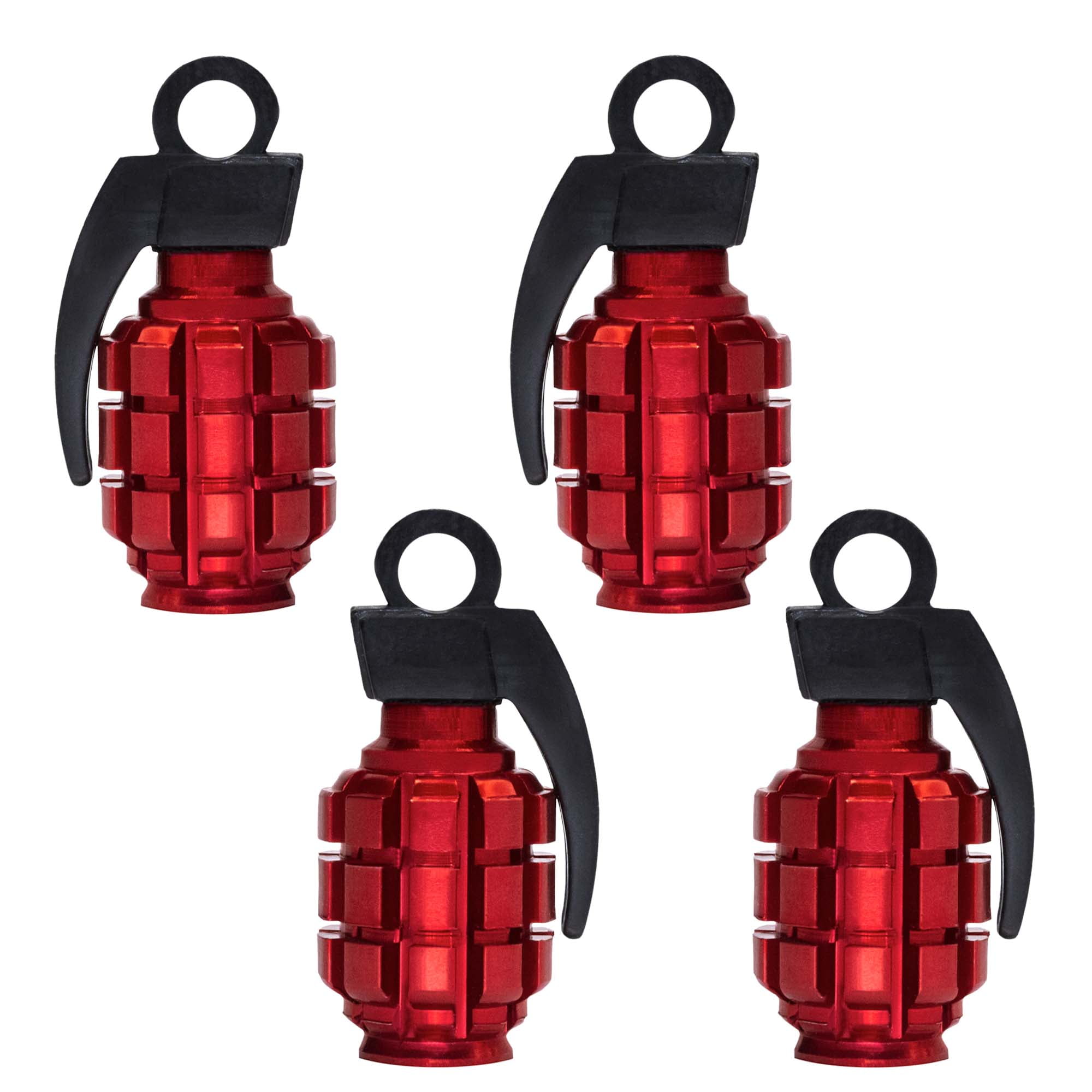 Tire Air Valve Caps, Valve Stem Covers For Cars, Bicycles and Motorcycles, Grenade Bomb Style, Red Chrome Color - Pack of 4