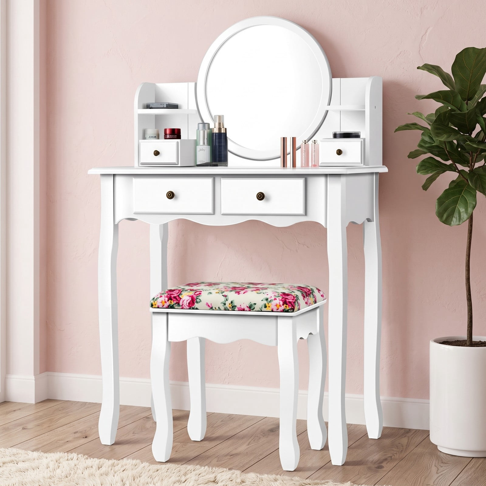 Furnibear Makeup Vanity Table Set Girls Dressing Table with 360-Degree Round Mirror 4 Drawers Cushioned Stool, White