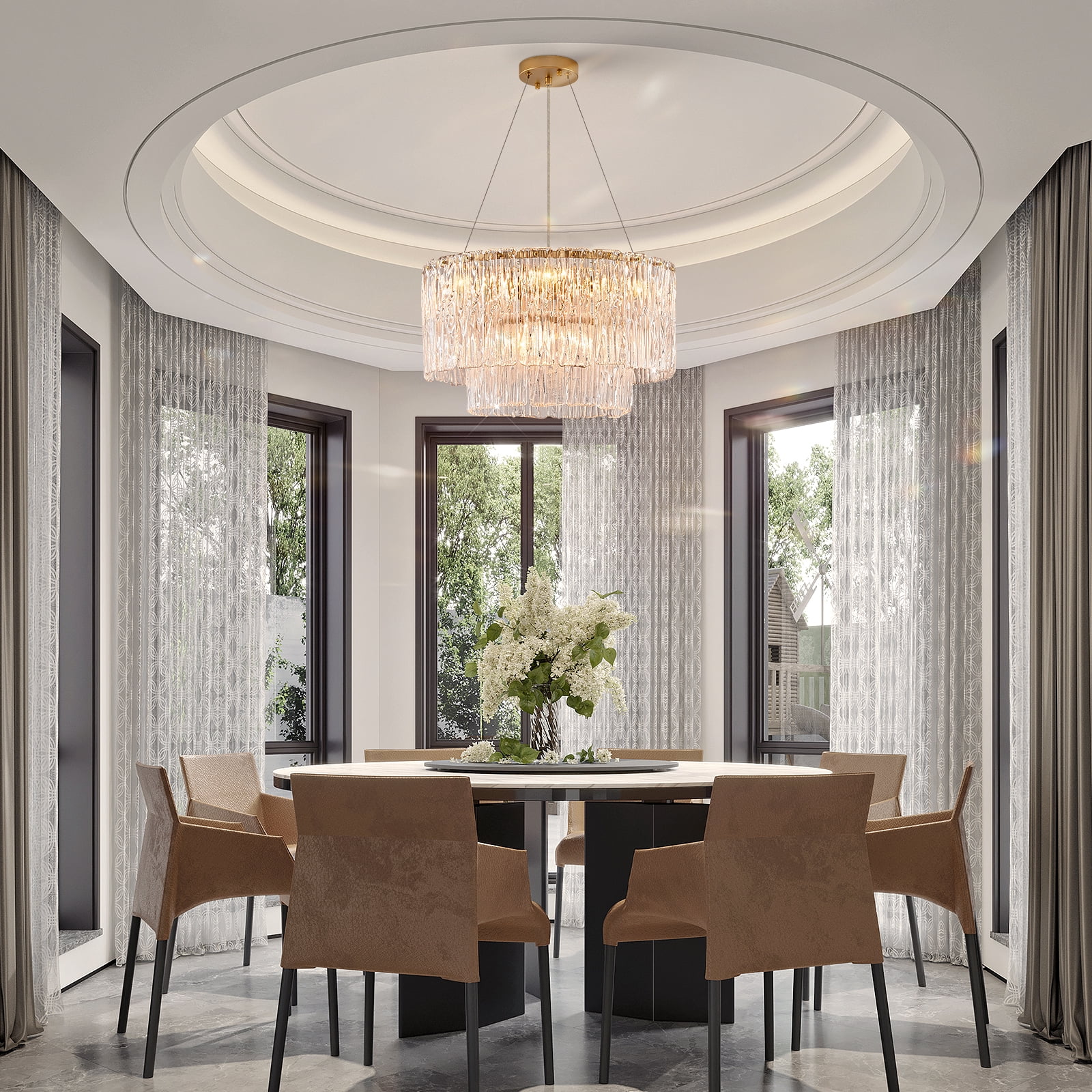 Modern Gold Crystal Chandeliers, 20” 7-Light Crystal Glass Ceiling Pendant Light Fixtures Luxury Round Chandelier 2 Tiers Hanging Lighting for Dining Room Foyer Living Room Bedroom