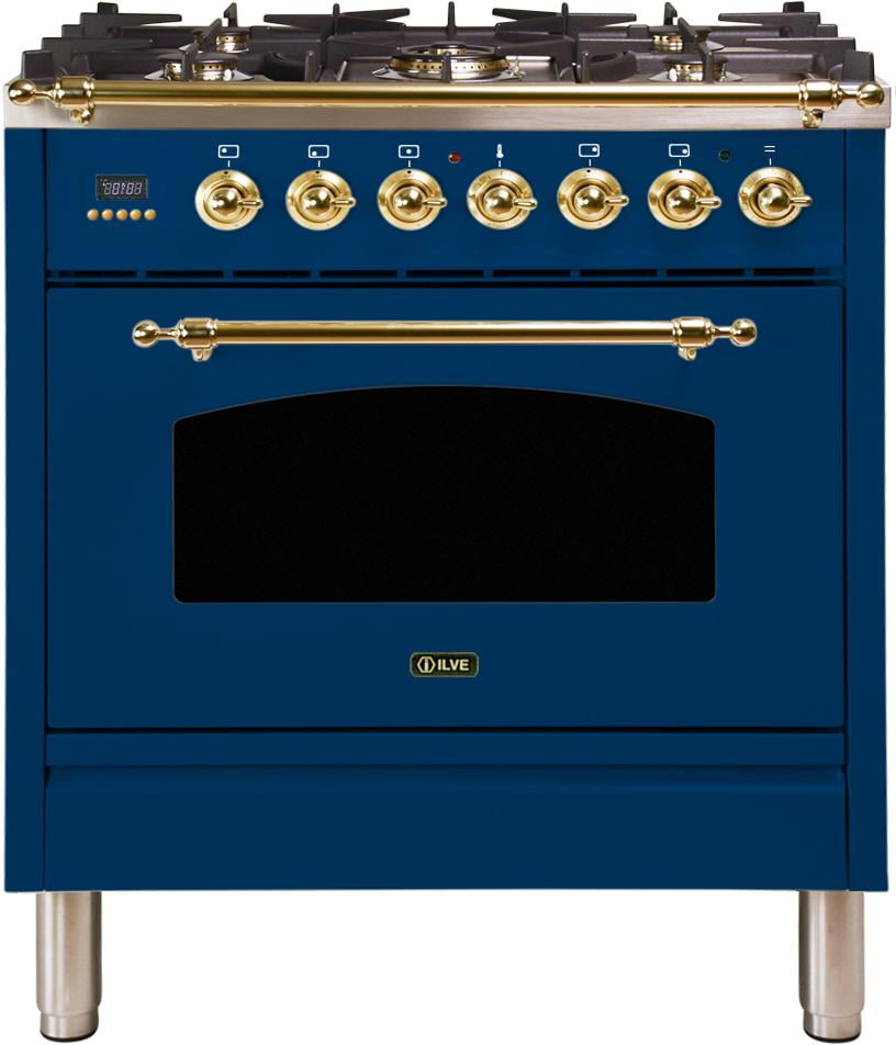 Ilve UPN76DMPB Nostalgie Series 30 Inch Dual Fuel Convection Freestanding Range Total Oven Capacity in White 5 Sealed Brass Burners Brass Trim 3 cu.ft Natural Gas 