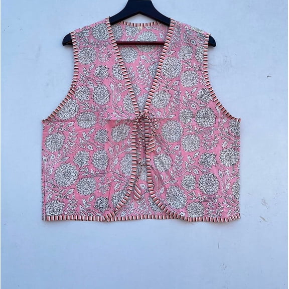 Handmade Block Printed Sleeveless Pink Jacket Cotton Quilted Drawstring Closure Upperwear for Women's