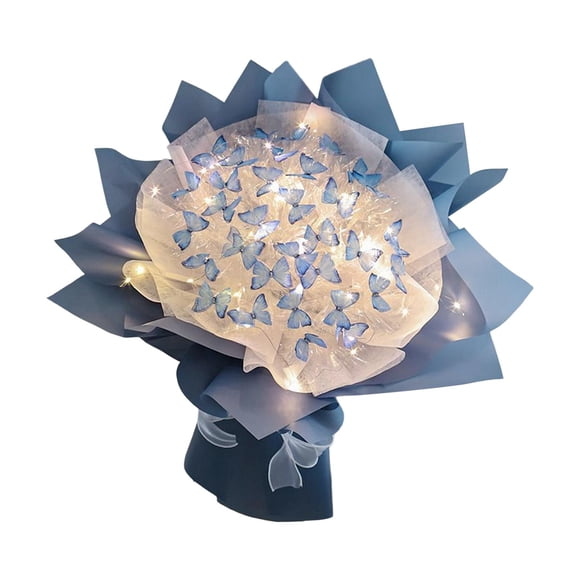 Butterfly Flower Bouquet, DIY Material Set with Floral Wrapping Paper, Lifelike DIY Artificial Flowers Bouquet, Wedding Bouquet Making Material Blue 52 Butterfly