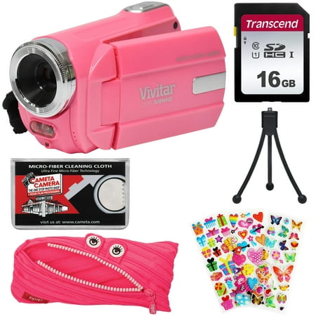 Vivitar DVR 508 NHD Digital Video Camera Camcorder (Bubble Gum Pink) with 16GB Card + Monster Case + Puffy Stickers + Tripod +