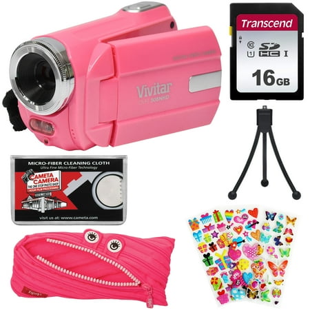 Samsung Digital Video Camera Vivitar DVR 508 NHD Digital Video Camera Camcorder (Bubble Gum Pink) with 16GB Card + Monster Case + Puffy Stickers + Tripod + Kit ()