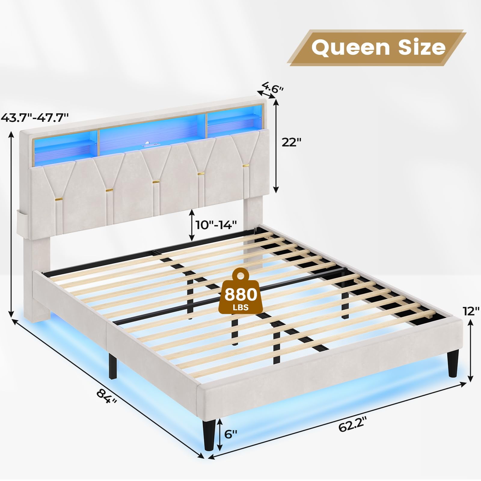 Afuhokles Queen Bed Frame with Headboard Storage and LED Lights, Platform Bed Frame with Charging Station, Velvet Upholstered Bed with Adjustable Headboard, White