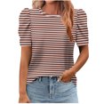 thumbnail image 2 of JTZGDY Womens Summer Tops Casual Puff Short Sleeve Striped/Polka Dot Print Crewneck Tunic Blouse Trendy Oversized Graphic T-Shirts Fashion 2025 Clothes Brown#02 XL, 2 of 6