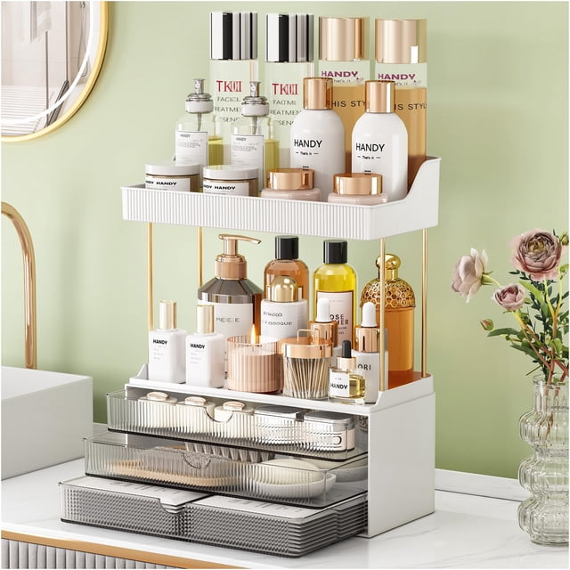 Organizador de mostrador de baño con 3 cajones Organizador de maquillaje de 5 niveles Organizador de perfumes versátil Ideal para almacenamiento en el baño Tocador Regalo de perfume para el cuidado de