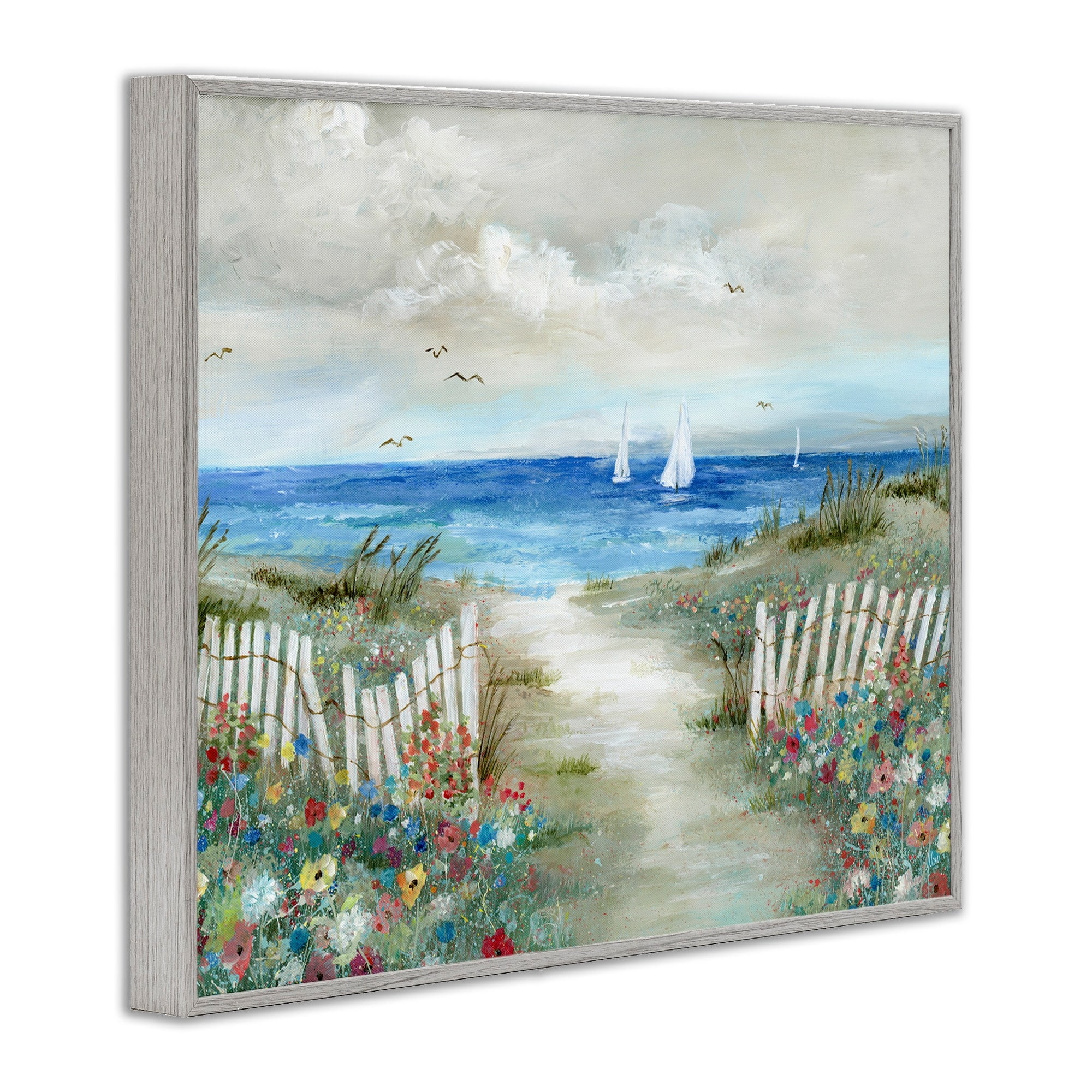 Stupell Industries Gorgeous Beach Scene Poppies Blooming White Fence Ocean , 20 x 16, Design by Nan