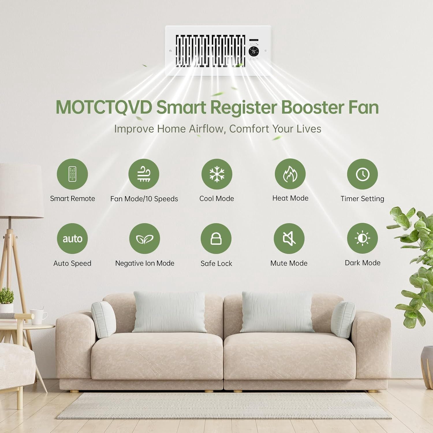 Register Booster Fan Fits 4' x 10' Register Holes, Smart Control Heating Cooling AC Vent Fan, 10-Speed Quiet Register Vent Booster Fans with Thermostat Control & Remote Control
