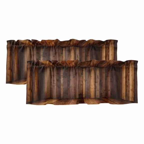 2 Pack Valances for Window, Brown Vintage Wooden Short Curtains for Kitchen Bedroom Living Room, Retro Art Farmhouse Rod Pocket Small Window Treatment Valance Drapes 42 x 12 Inch