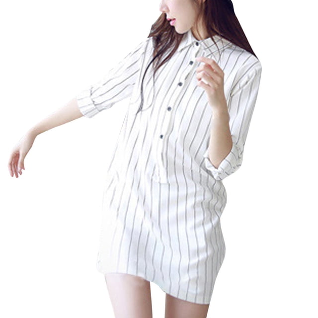 TSADFHJI Jupe Noire Grande Taille Satin Mode Robe Chemise Femme Manches Longues Col Rayé Robe Décontractée TG Blanc