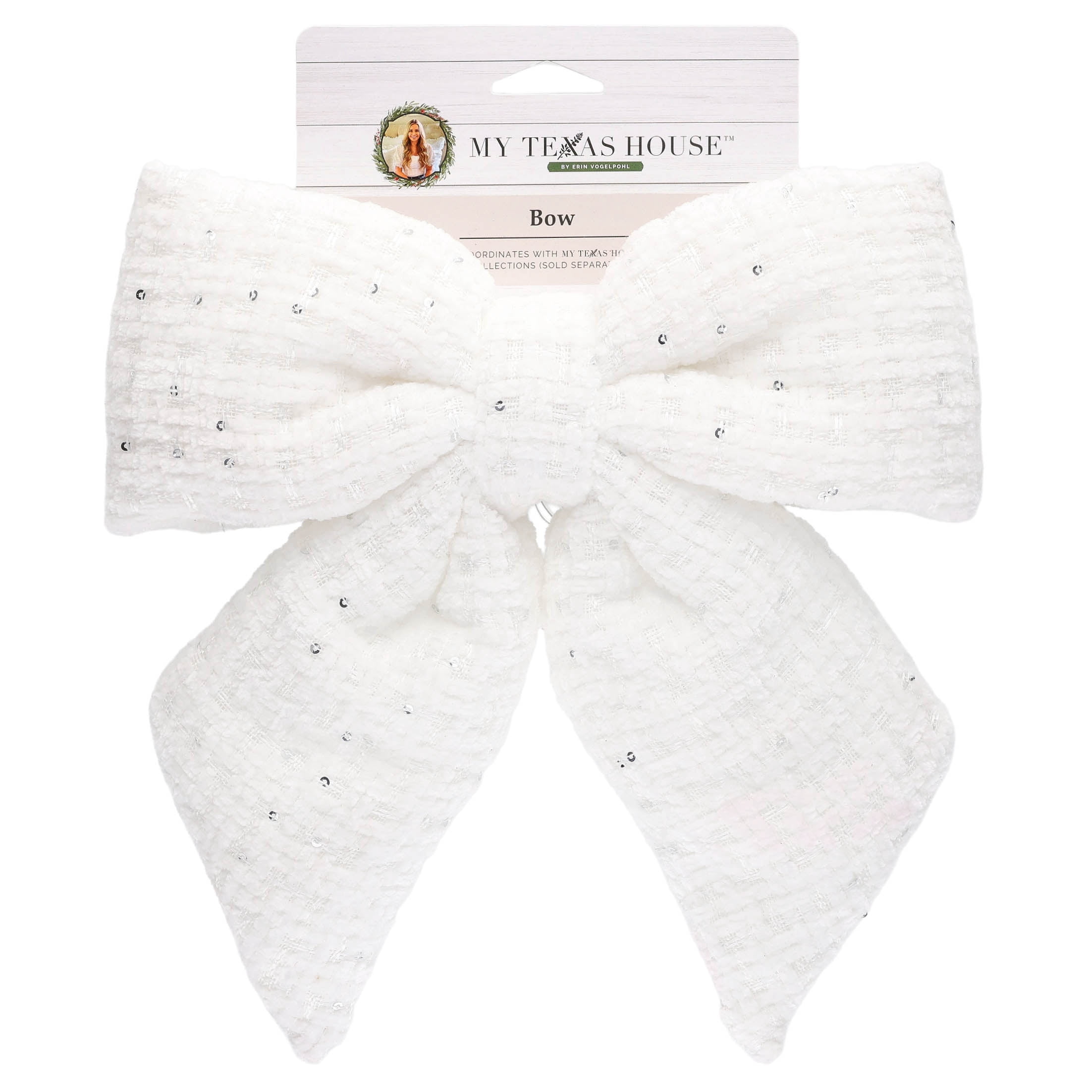 My Texas House White Tweed Decorative Christmas Bow, 10"
