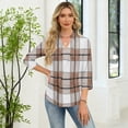 thumbnail image 4 of Bbyeadc Blouses for Women Casual 3/4 Length Sleeve Plaid Print Blouse V-Neck Collared Breathable Tops Work Vacation Tee,Khaki(XXL), 4 of 6