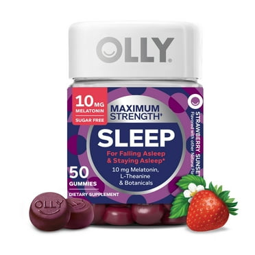 OLLY Maximum Strength Sleep Gummy Supplement, 10mg Melatonin, L-Theanine, Strawberry Flavor, 50 Ct