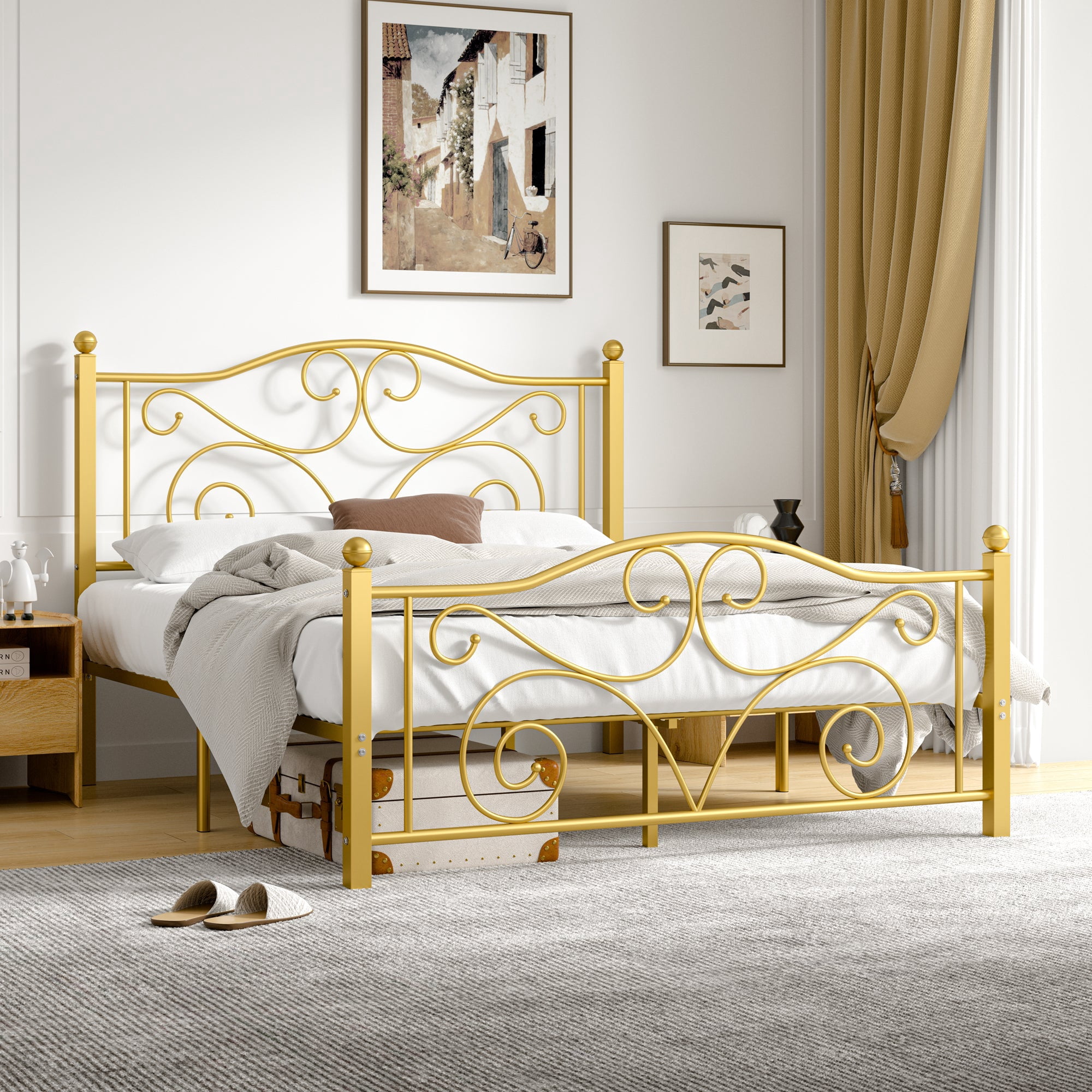 VECELO Queen Size Metal Platform Bed Frame with Arched Headboard and Footboard, Heavy Duty Steel Slat Support, Under-Bed Storage, No Box Spring Needed, Gold