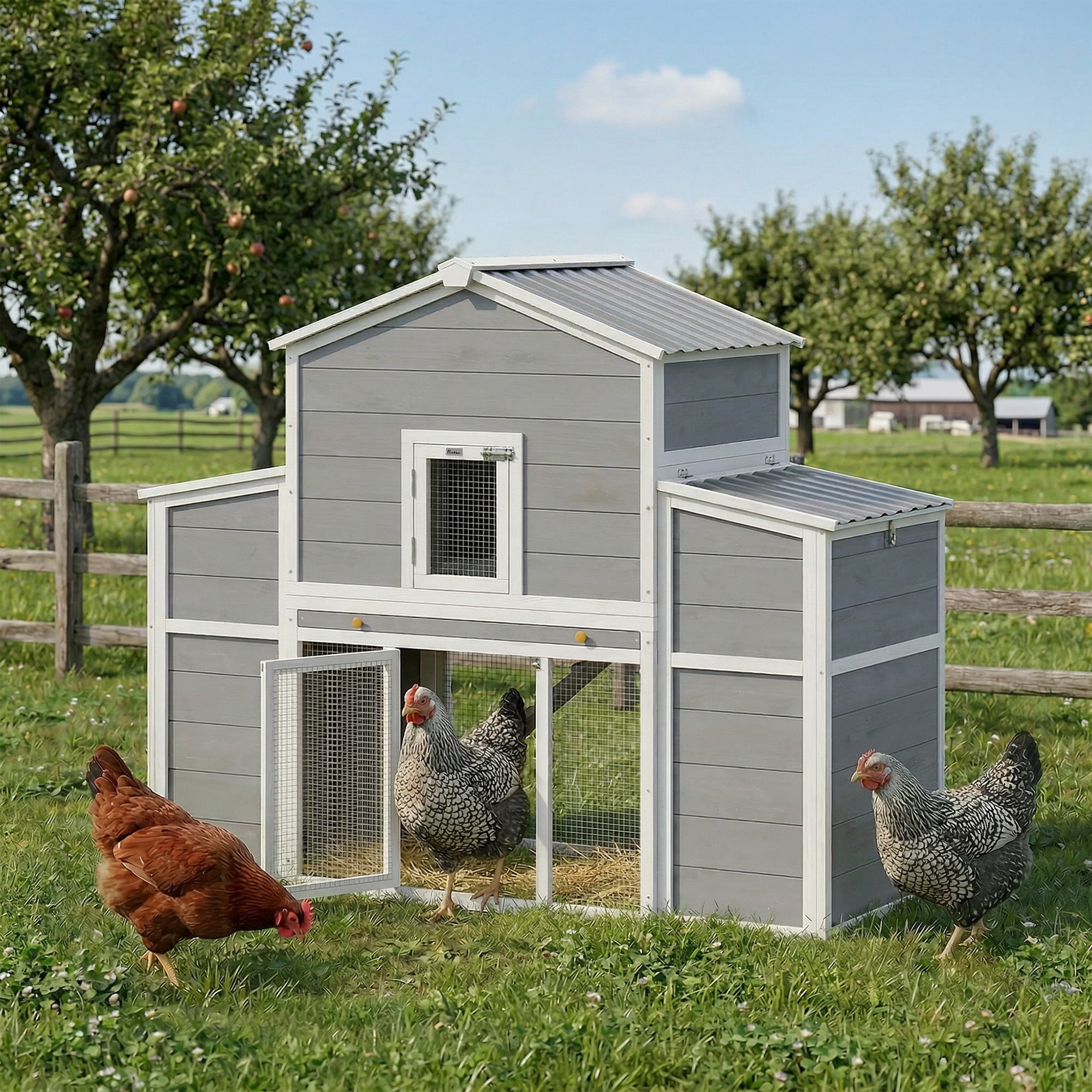 PawHut 66.5" Large Chicken Coop, Wooden Chicken House with 2 Nesting Boxes, Sliding Tray & Ramp, Water-Resistant Roof, for Backyard, Farm
