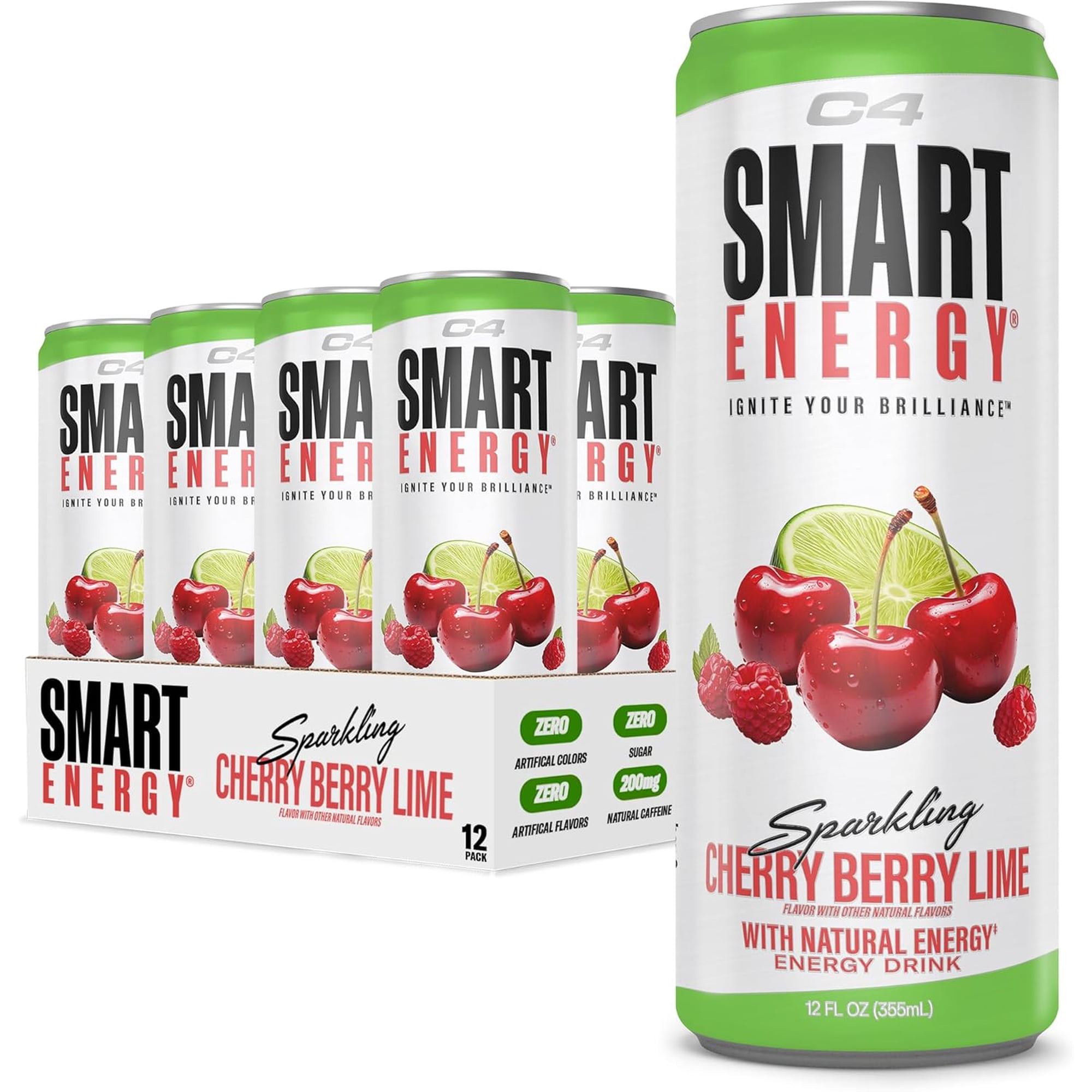C4 Smart Energy Drink – Boost Focus and Energy with Zero Sugar, Natural Energy, and Nootropics - 200mg Caffeine - Cherry Berry Lime (12oz Pack of 12)