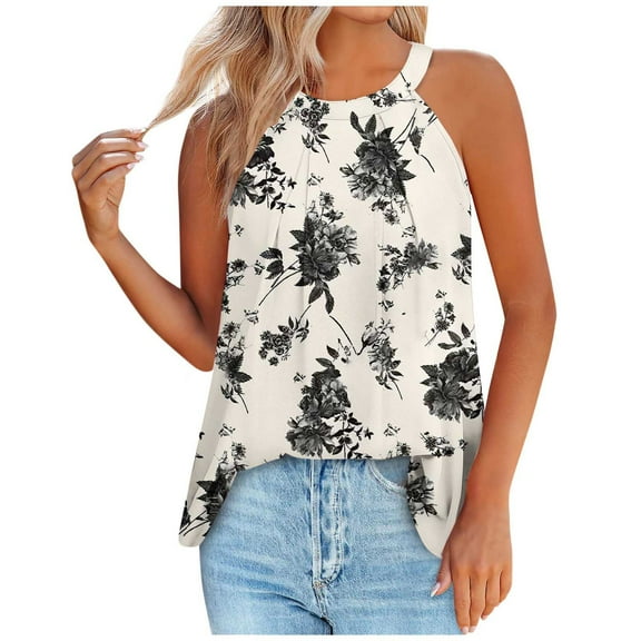 XMMSWDLA Halter Tank Tops Women Floral Printed Summer Sleeveless Blouse and Tops Casual Loose Tunic Shirts Cute Tank Tops Khaki Tank Top Women