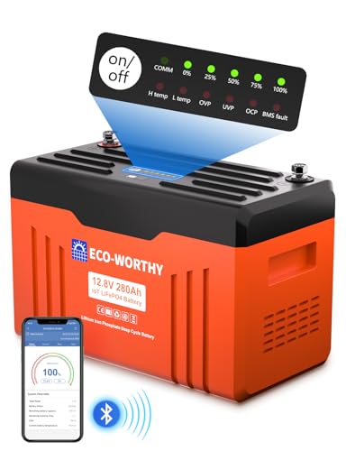 ECO-WORTHY 12V 280AH Lifepo4 Lithium Battery Bluetooth with SOC LEDs, Bulit-in 300A BMS, Low Temp Protection, 15000+ Deep Cycles, 3584Wh Energy for Off-Grid, RV, Solar Power System, HomeBackup
