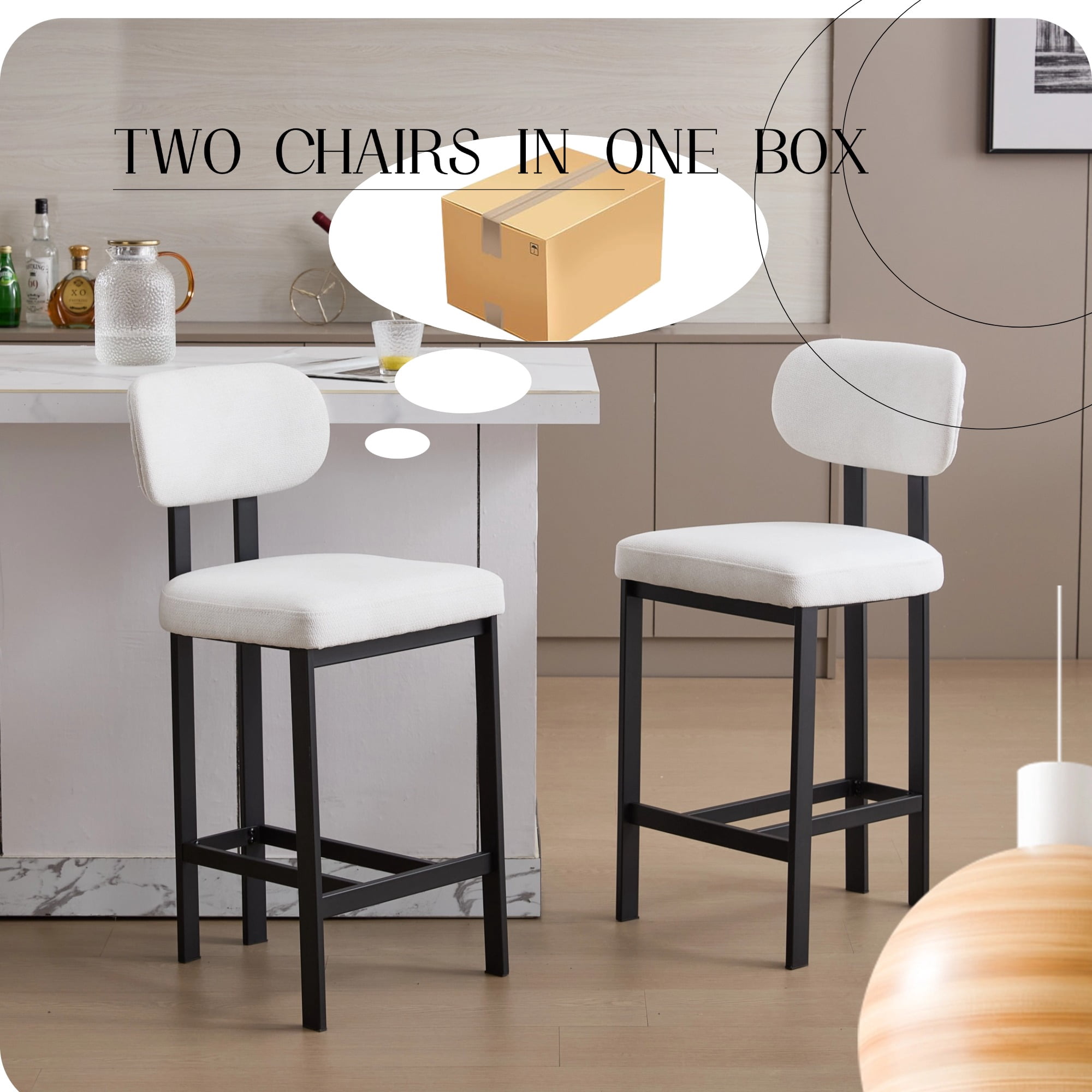 Upholstered Counter Height Bar Stools Set of 2 26 Inch with Plush Cream Fabric Cushion and Black Metal Legs for Kitchen Island