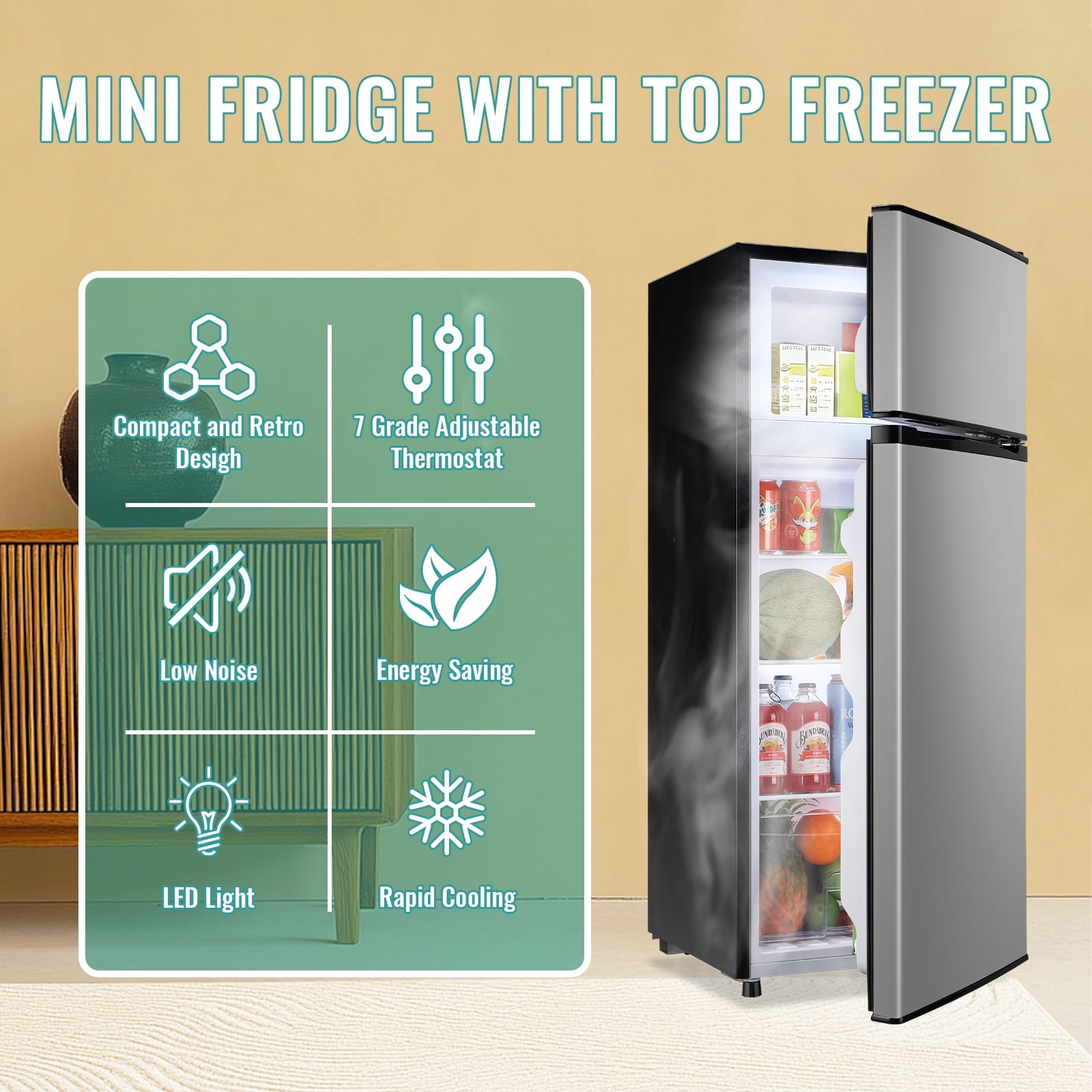 TACOOL Small Refrigerator with Top Freezer 4.6Cu.ft Two Door Mini Fridge with LED Light Extra Drink Space for Apartment Silver