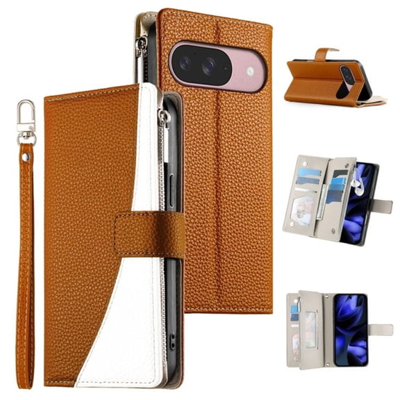 For Google Pixel 10 / 10 Pro 6.3" Splicing Multi Card Slots/Pocket Zipper Wallet Strong Magnetic Attachment/Closure, PU Leather Flip Wallet Case With Hanging Rope,Brown,For Pixel 10 / 10 Pro