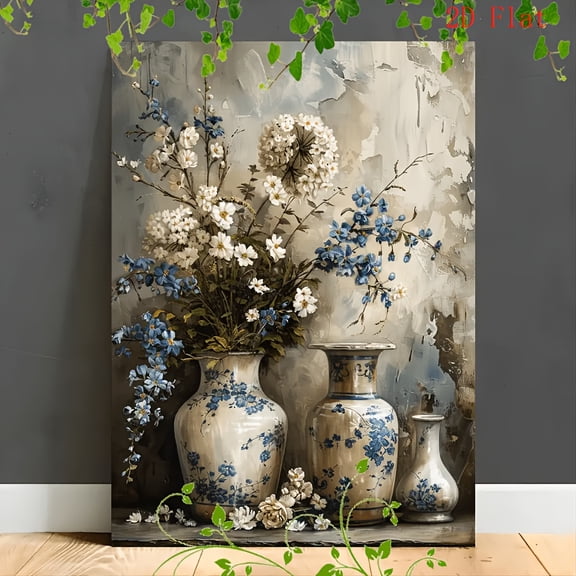 2D Flat, 1pc Vintage Blue & White Floral Canvas Art with Wooden Frame - Elegant Wall Decor Featuring Artistic Jars, Ideal for Living Room, Bedroom, Office, or Home Decor