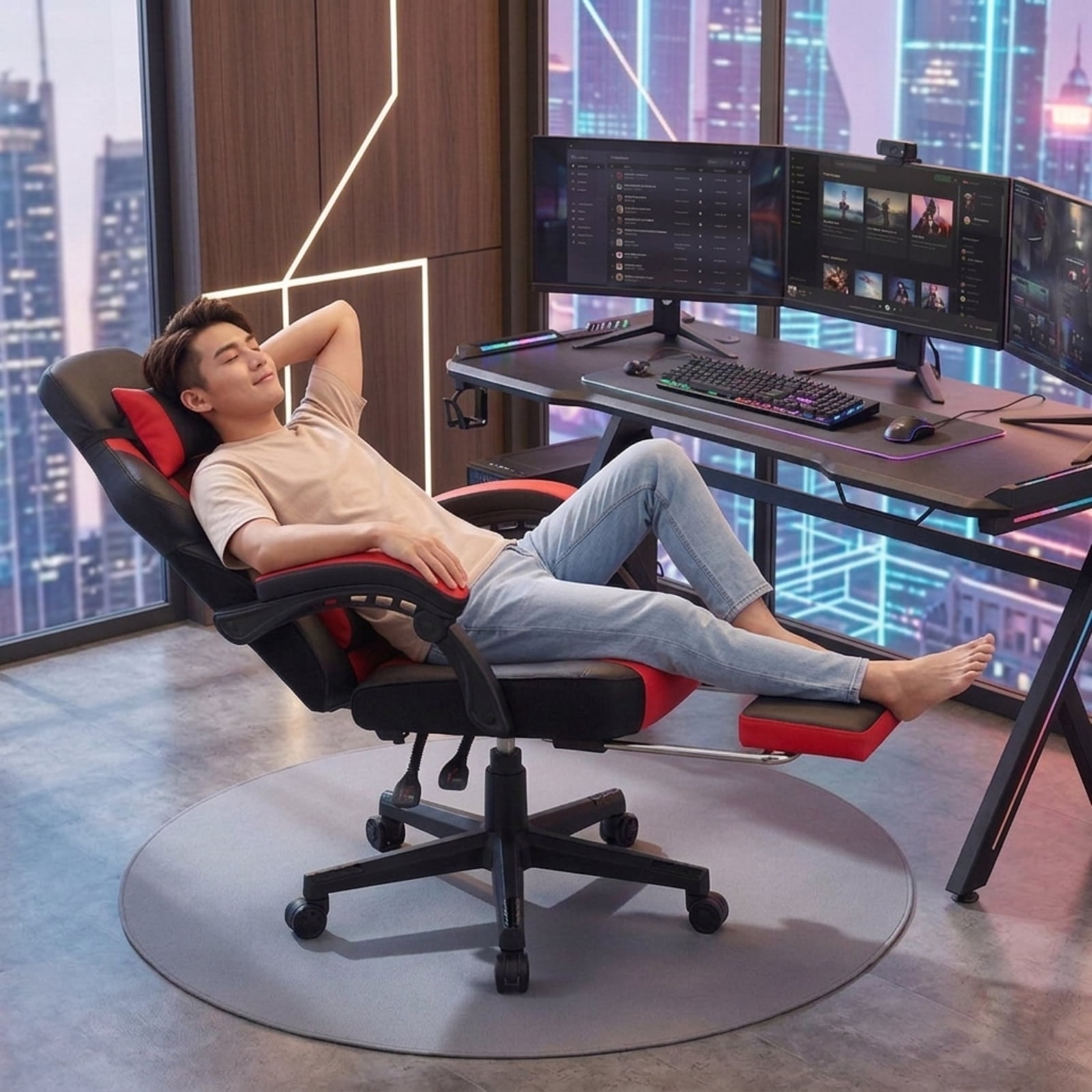 Furnibear Ergonomic Video Game Chair with Headrest Lumbar Support 155 Degree Recline Retractable Footrest and Swivel Metal Base for Home Office, Red