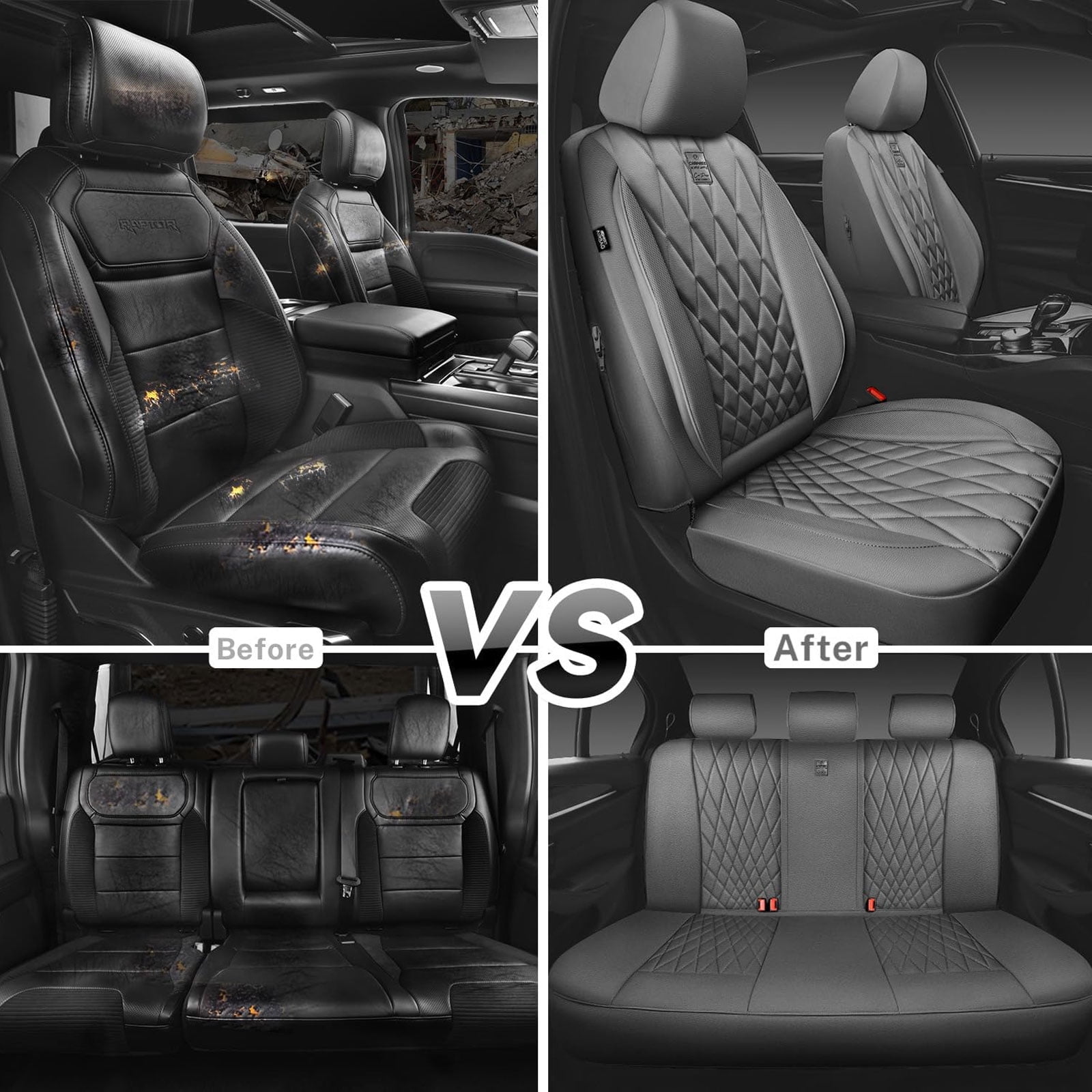 CAR GRAND Piping Luxury Faux PU leather Full Set Car Seat Covers Water Proof Armrest Airbag Compatible Universal Fit SUV VAN Truck All gray