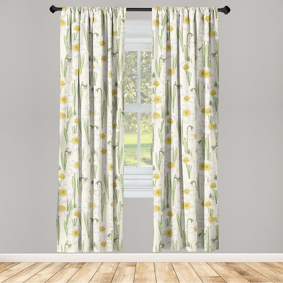 Summer Vibe Window Curtains, Garden Scene Flowers Vintage Pattern Daffodils Boho Colored Art, Lightweight Decor 2-Panel Set with Rod Pocket, Pair of - 28"x63", Eggshell Pistachio Green, by Ambesonne