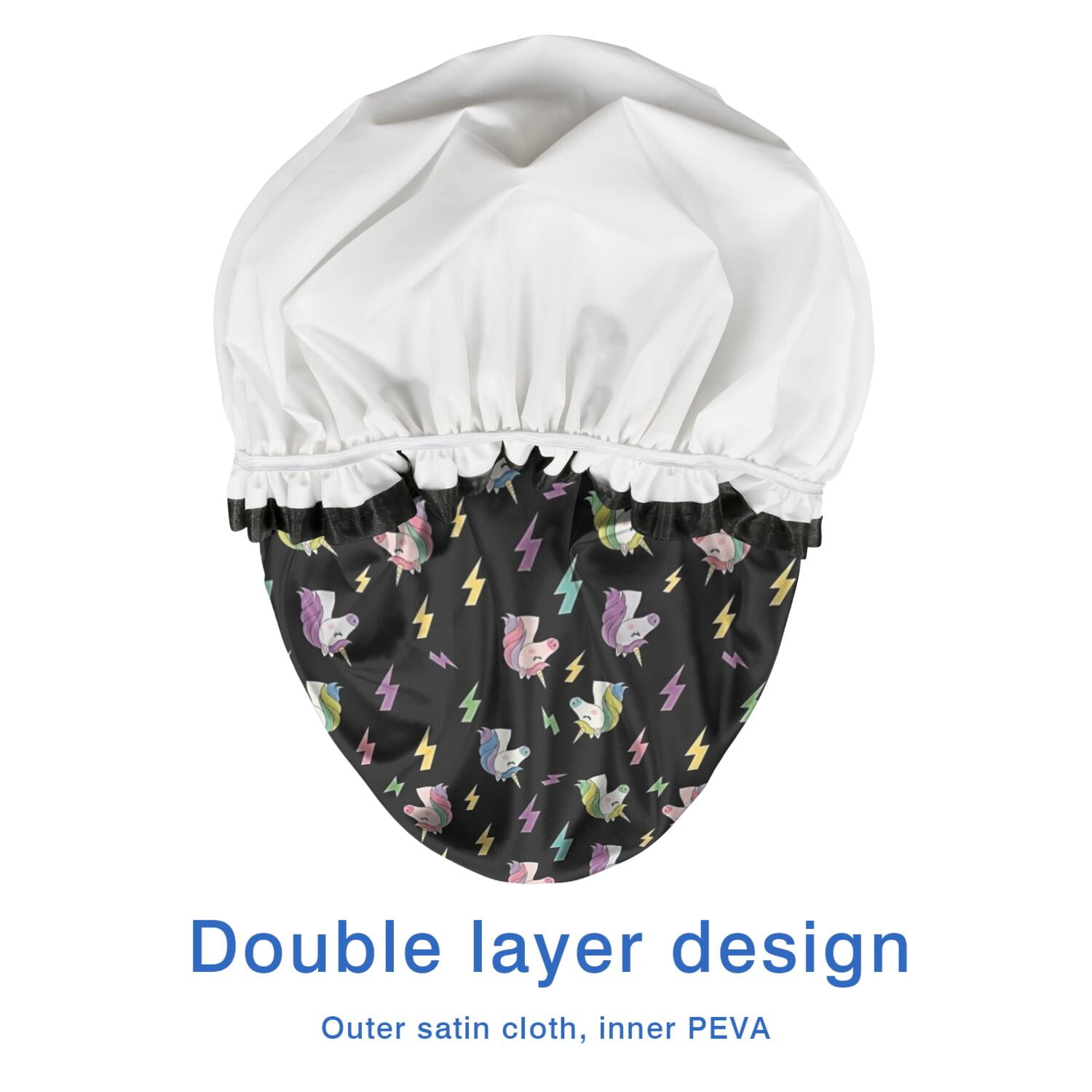 Shower Caps,Black Cartoon Unicorn Lightning Pattern Waterproof Shower Cap for Women 4 Pieces,Double Reusable Hair Cover for Shower PEVA Elastic Stretch Hem