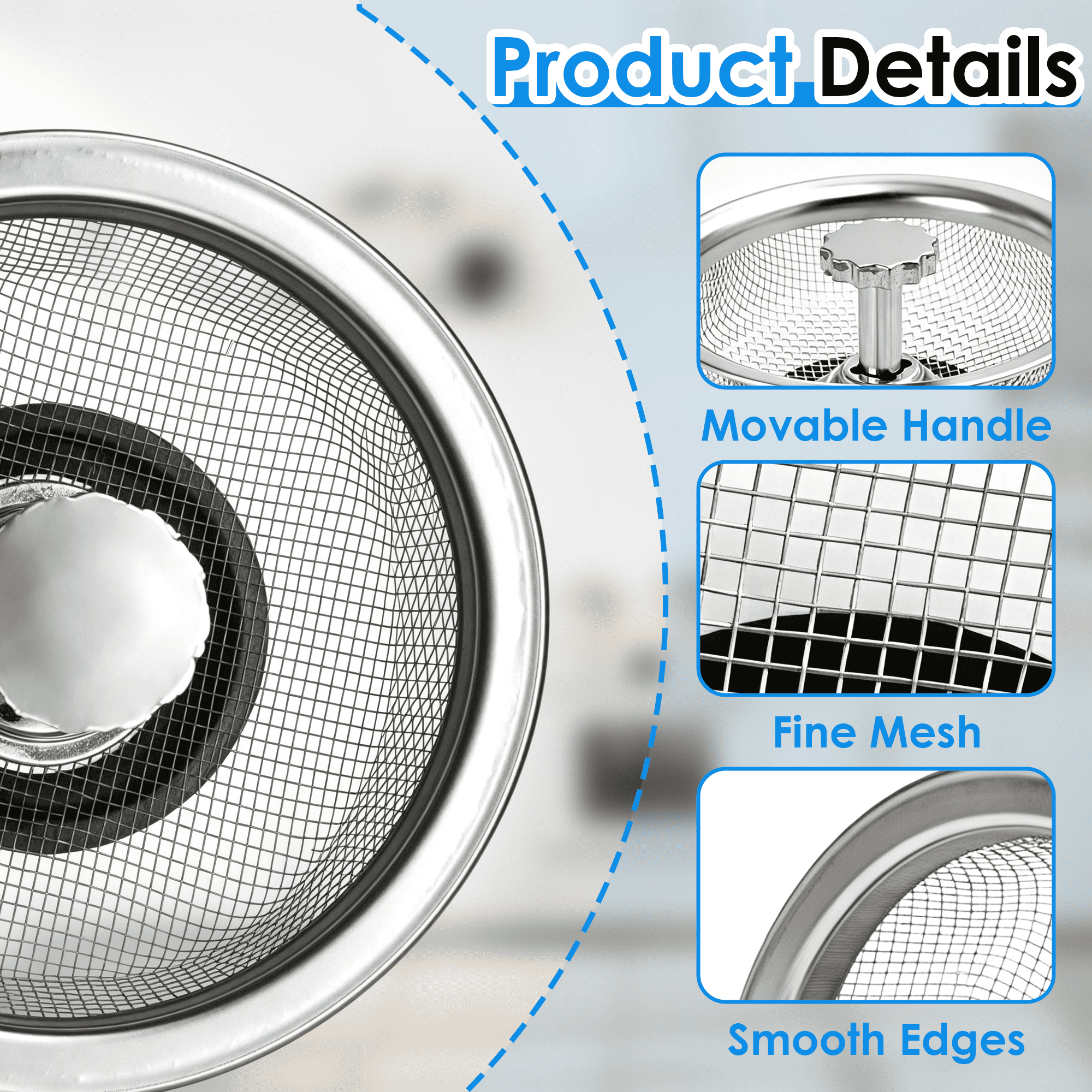 3 Pack Stainless Steel Sink Strainer with Stopper, Fine Mesh Kitchen Sink Drain Filter, Multi-Function Sink Drain Basket for Standard Kitchen Sink