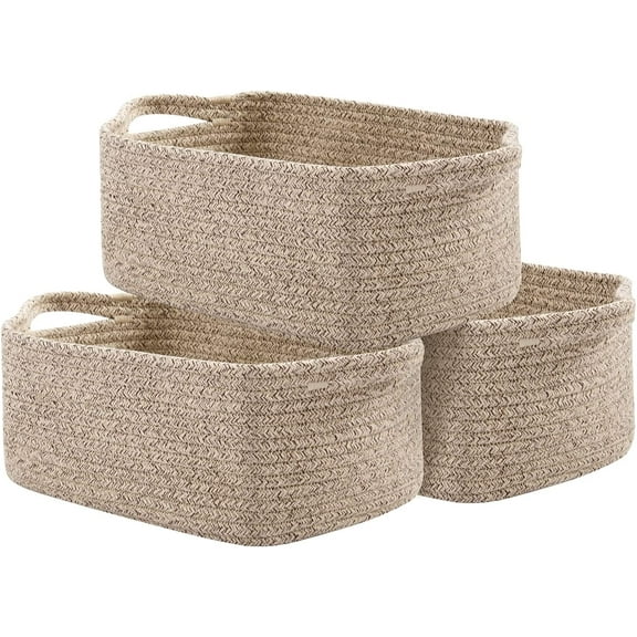 OIAHOMY Cotton Rope Baskets, Woven Baskets for Storage, Nursery Storage Baskets, Rectangle Storage Basket with Handles, Storage Baskets for Shelves, Pack of 3, Brown Variegated