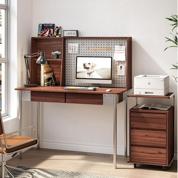 JOMEED 47 Inch Computer Desk with Pegboard, Gaming Desk with 2 Drawers, Walnut Home Office Desk with Hutch, Metal Legs